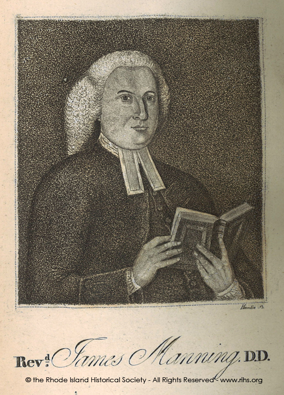 Reverend James Manning, portrait engraving by Hamlin, from the Rhode Island Literary Repository.