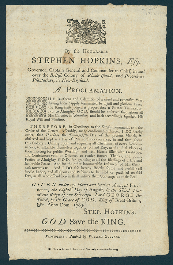 A Proclamation of Thanksgiving, 1763. RIHS   G1157 Broadsides 1763 No.7