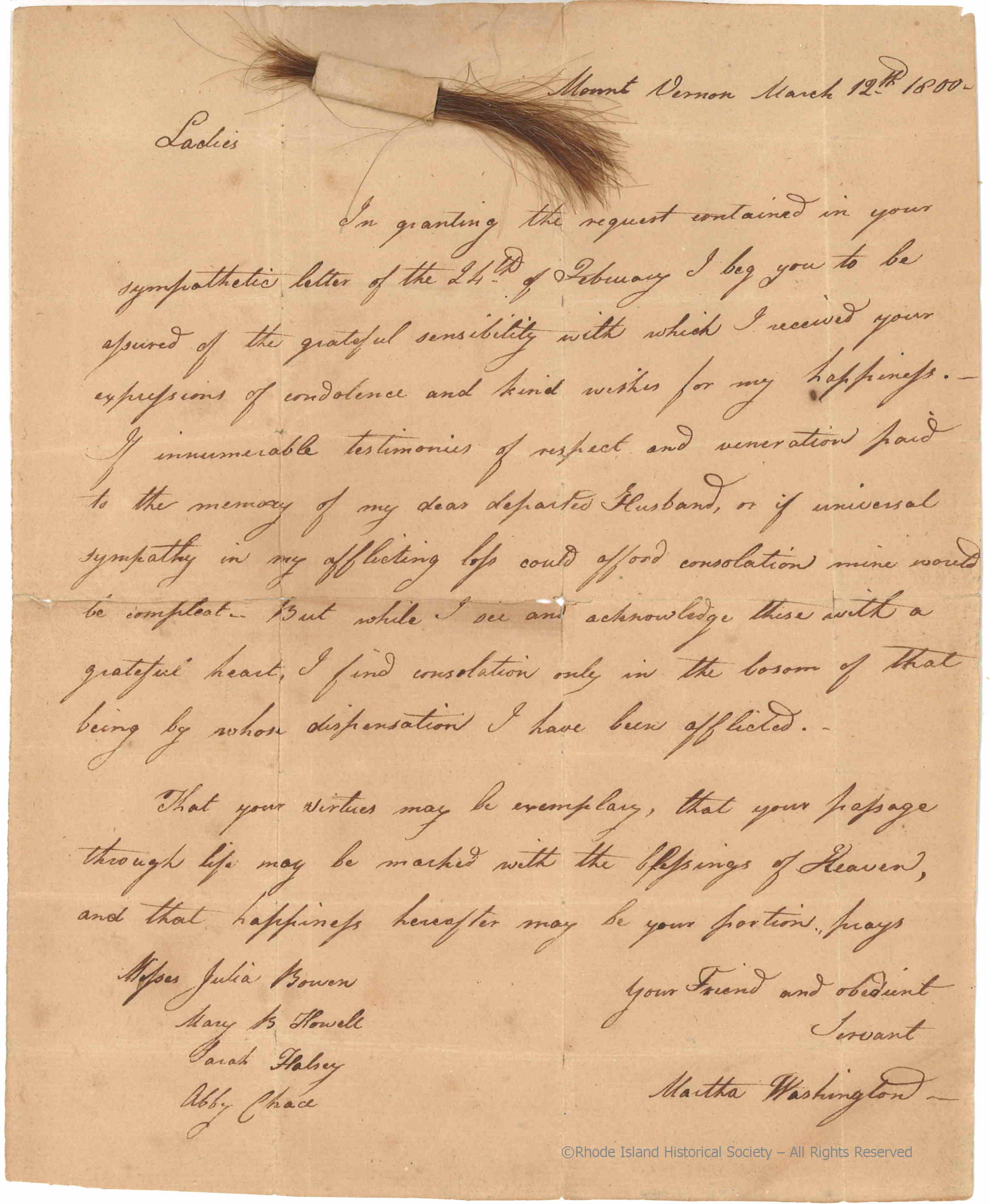 Letter from Martha Washington, 1800: MSS 9001-W
