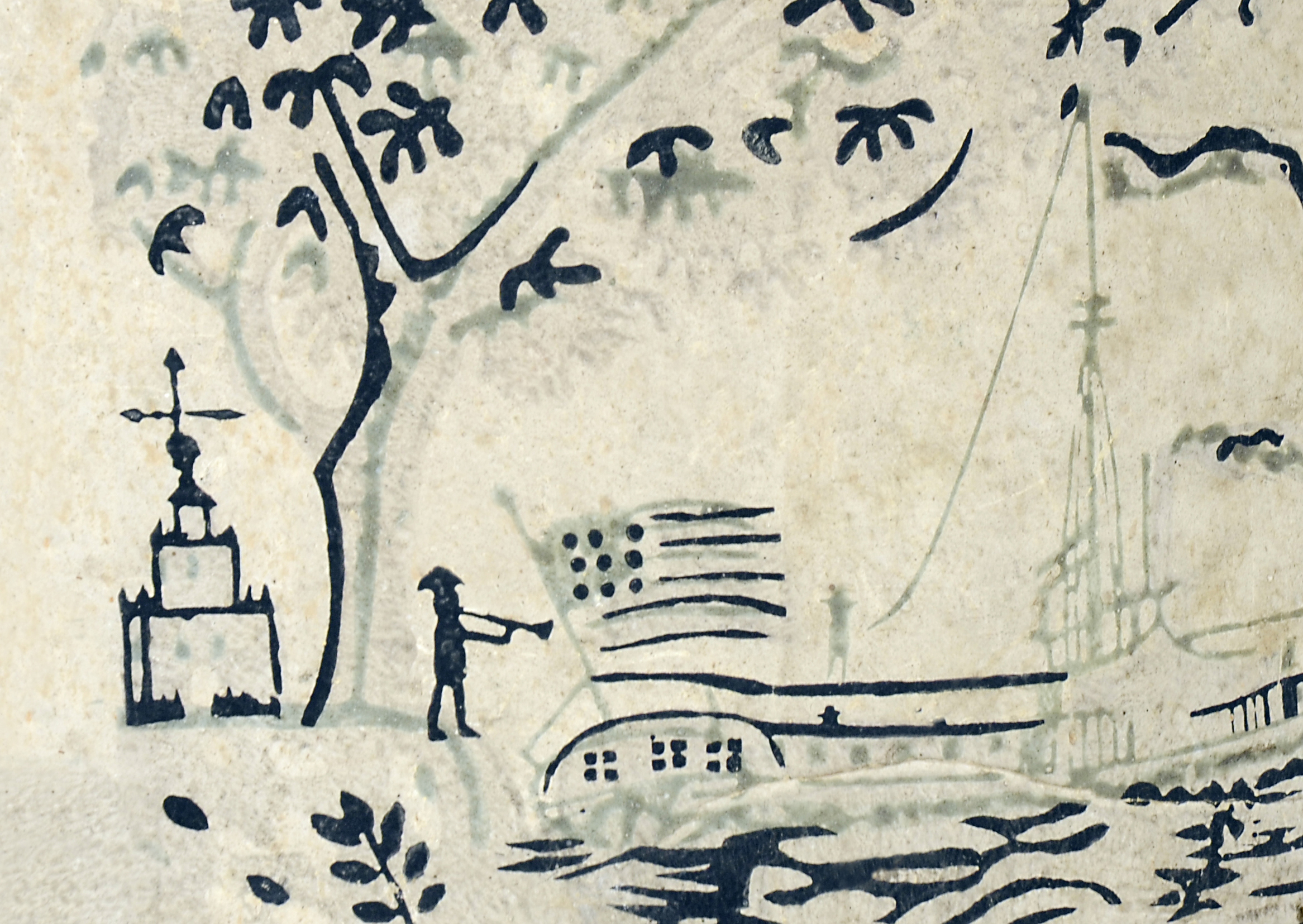 Detail, bandbox with Providence River blockprint paper.  Early 19th century. RIHS Museum Collection