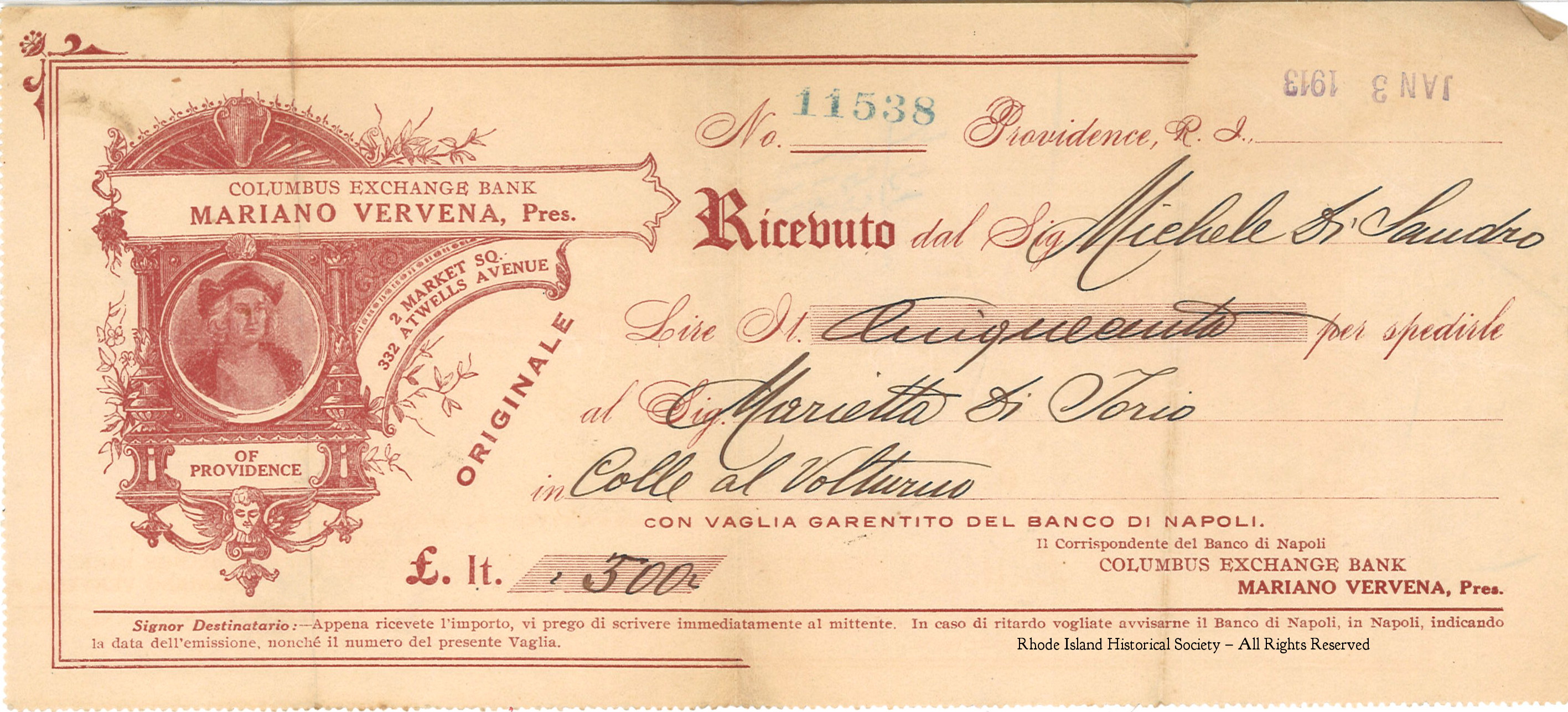 Receipt in Italian for Columbus Exchange Bank, 332 Atwells Ave., Providence