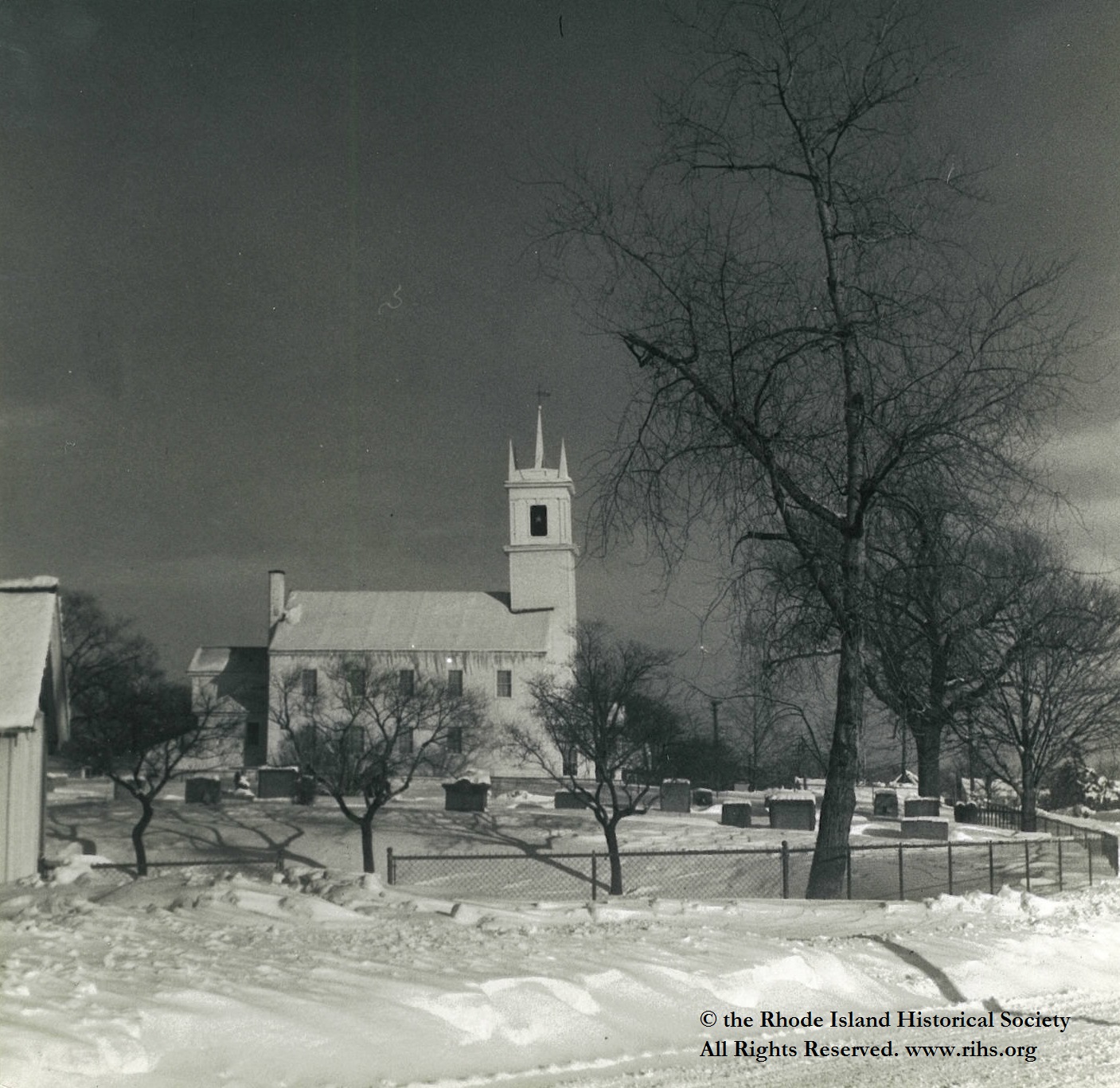 Estey, Charlotte (photographer). [View of the Newman Congregational Church in the snow]. East Providence, Rhode Island. 1945-1955. Photograph: Silver gelatin. Mary Elizabeth Robinson Research Center, G Lot 144, Charlotte Estey Collection.