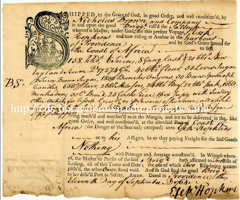 Manifest of the brig Sally, Providence, RI, September 9, 1764