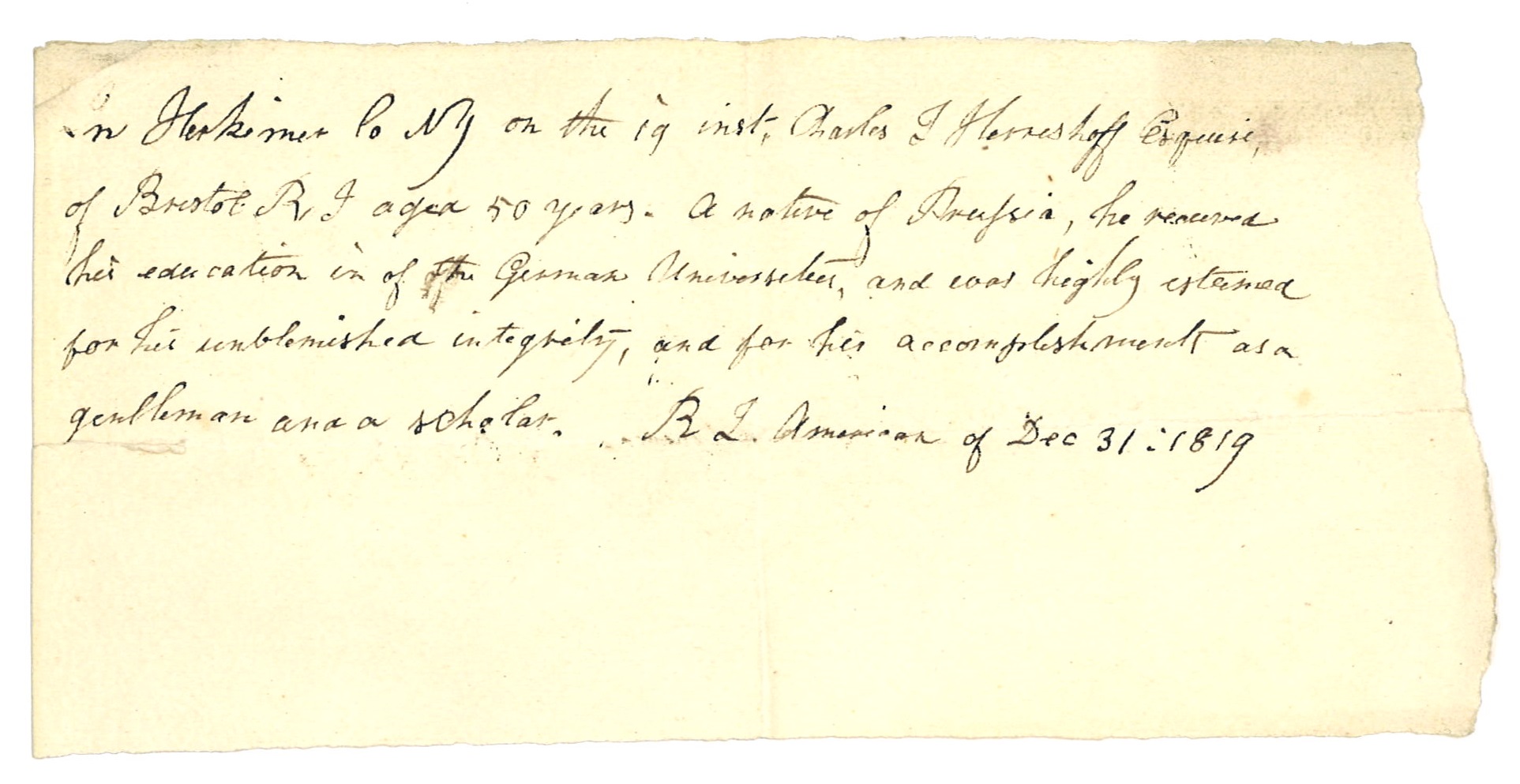 MSS 487 Subgroup 1 Series 2: Transcription of Obituary, Dec. 31, 1819